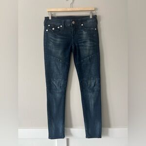 True Religion Moto Skinny Jeans Dark Wash Ribbed Knee Size 27